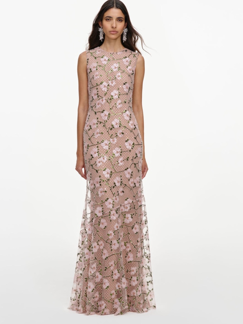 NWOT Self-Portrait PINK RHINESTONE SEQUIN MESH MAXI DRESS